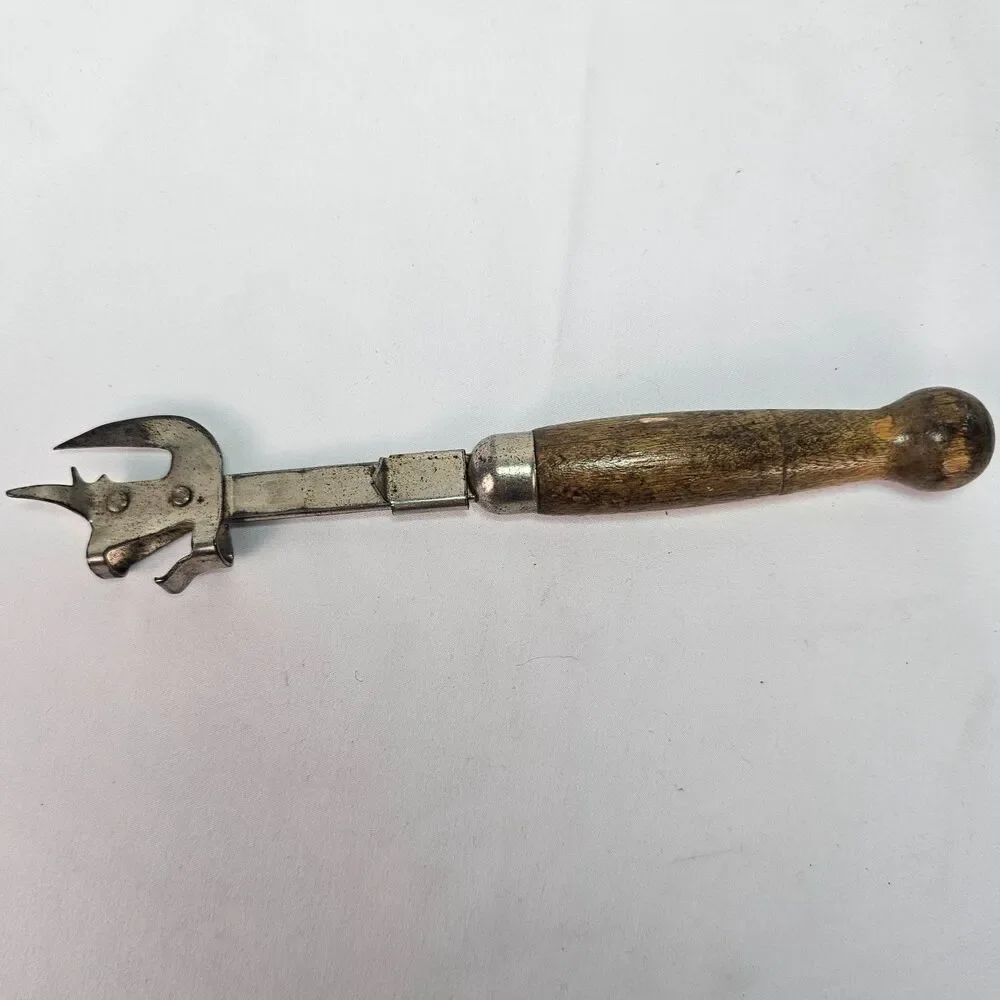 Vintage A&J Can Bottle Opener Wood Handle Tool Steel Tempered USA Kitchen Tool